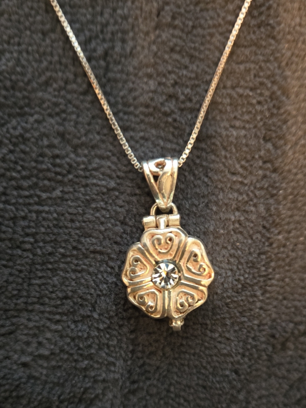 Sterling Silver Flower Locket Necklace with Crystal Accent